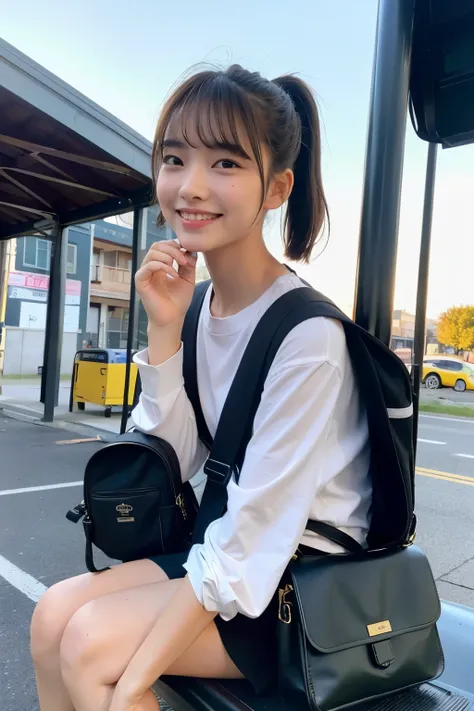 girl near the bus stop,a stopped bus,long sleeve ,school bag,18-year-old,bangs,a little smile,thighs,short cut hair,low ponytail,from below,front light