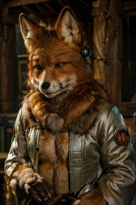 ((an anthropomorphic fox with realistic fur and serious expression)) dressed in druid robes, un fondo medieval