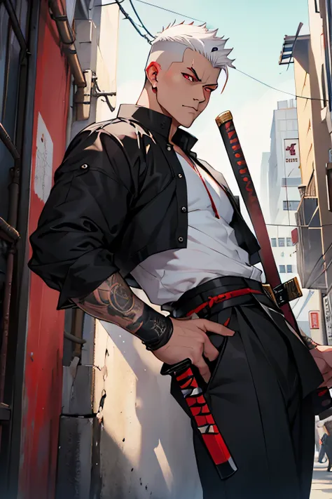 Man 28 years, white hair, red eyes, side cut with a black katana in a city 
