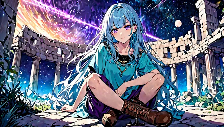 Masterpiece. High-resolution. 1girl about 20 years old. Pretty beautiful girl. Pretty big purple eyes. Delicate face. Long light blue hair. Straight hair. Messy hair. Hair bangs. Turquoise tunic. Purple tide pants. Leather boots. Greek ruins background wit...