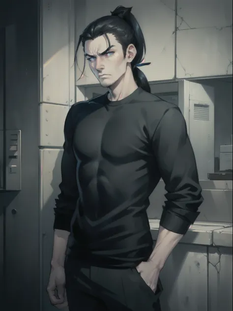 Handsome (((young man)), (((male))), blue eyes, black hair, long black hair, (((ponytail))), pale skin, casual clothes, bara, sad expression, going through breakup, angry face