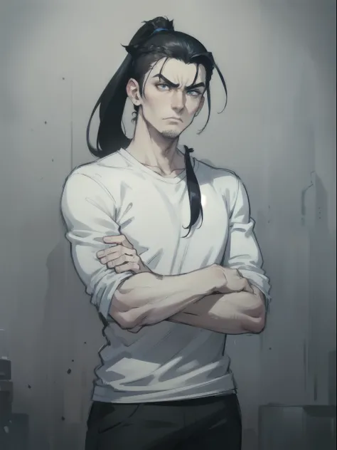 Handsome (((young man)), (((male))), blue eyes, black hair, long black hair, (((ponytail))), pale skin, casual clothes, bara, sad expression, going through breakup, angry face