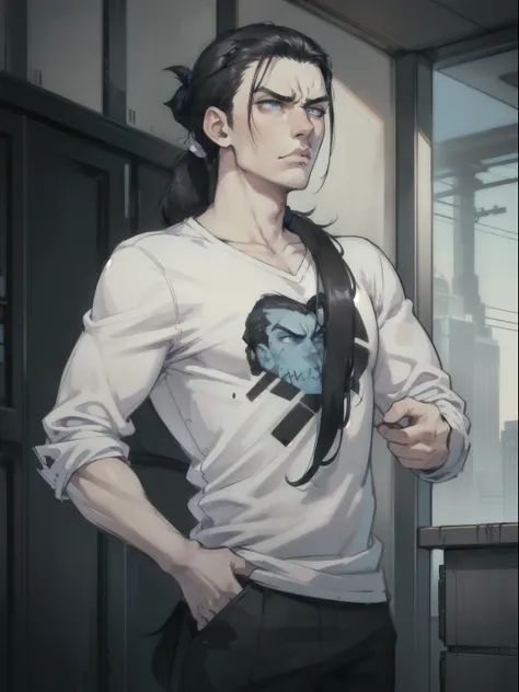 Handsome (((young man)), (((male))), blue eyes, black hair, long black hair, (((ponytail))), pale skin, casual clothes, bara, sad expression, going through breakup, angry face