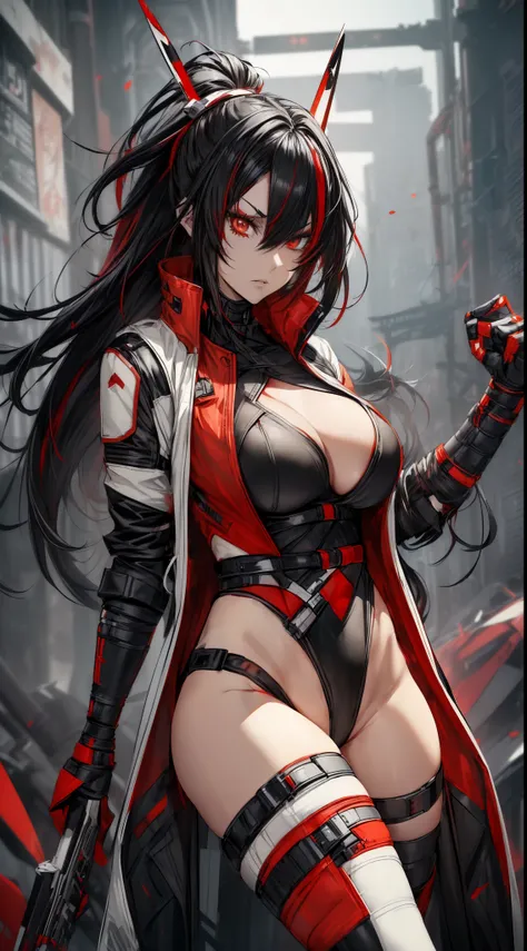 ((best quality:1.3), (high detail:1.2), masterpiece, anime)) (solo) ((black hair:1.8), (hair with red and white highlights:1.7), (very long hair)), ((heterochromia_eyes_red_and_grey:1.4)), thick thighs, huge breasts, muscular, athletic, ((cyborg body:1.3),...