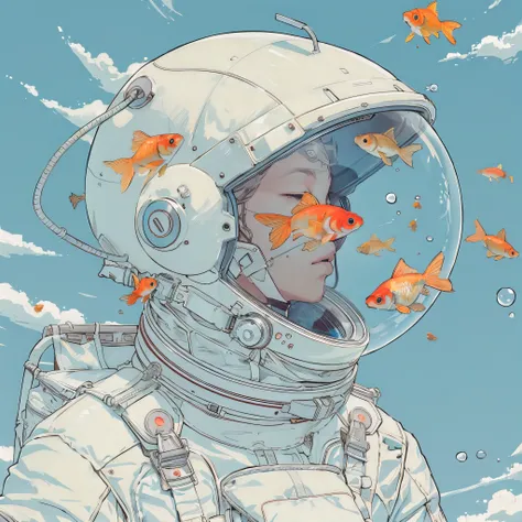 (best quality, masterpiece:1.2), an astronaut with a fish bowl as their helmet, goldfish, conceptual art, clean simple lines, in the style of moebius