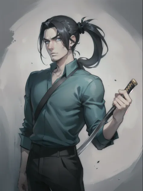 Handsome (((young man)), (((male))), blue eyes, black hair, long black hair, (((ponytail))), pale skin, casual clothes, serious expression, holding a katana