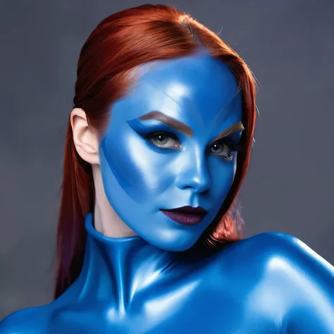 a close up of a woman in a blue costume posing for a picture, mystique, comic book character, she has pale blue skin!!!, blue body paint, jean grey, with blue skin, costume with blue accents, tight light blue neopren suits, marvelous expression, in style o...