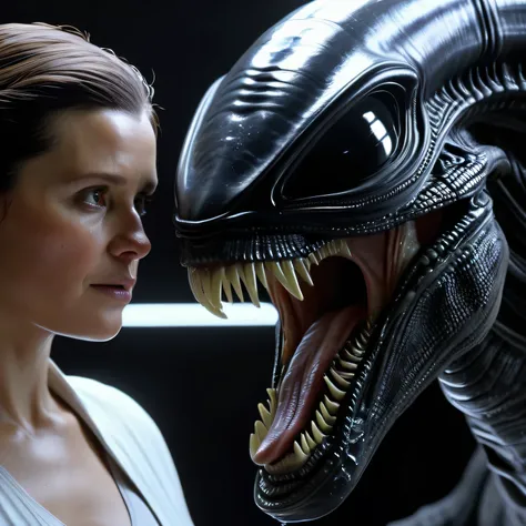 Un primer plano de la pincesa Leia peleando contra un xenomorfo,  photo realistic, hiper realistic, High definition, high resolution, 8k, masterpiece