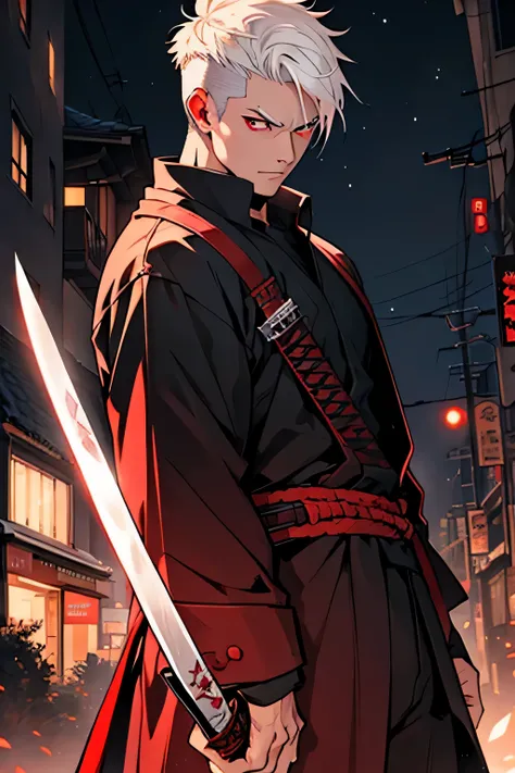 Man 28 years, white hair, red pupil eyes, side cut with a black katana in a night city
