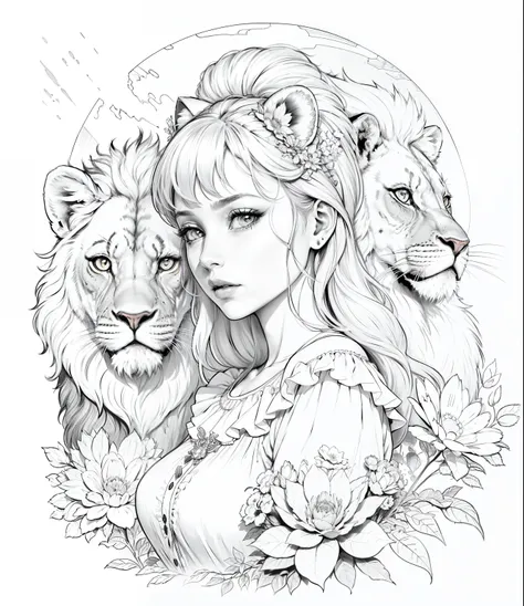 (A woman and a lion), flores, lua, intelligent facial expression, (linear illustration), (sketch drawing for a coloring book), estilo disney