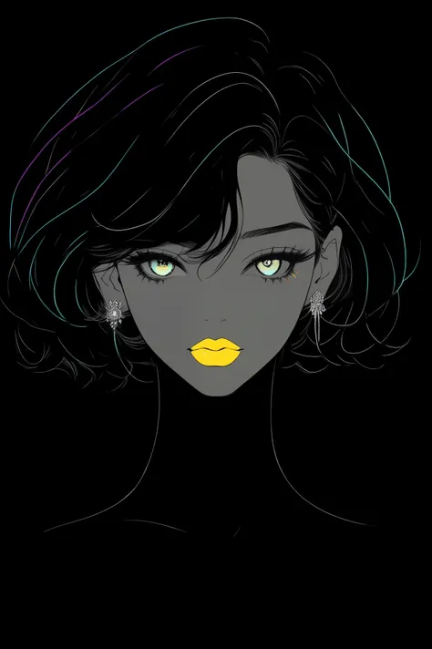 (Melhor qualidade, outline:1.2),realista,ilustrador,anime,1 garota, Detailed lips, vestido preto8,personalizado, (monochrome dark background),Cabelo neon,corte texturizado, obra de arte, classic retro style, Preto Escuro, arte, outline book, (cabelo bob pr...