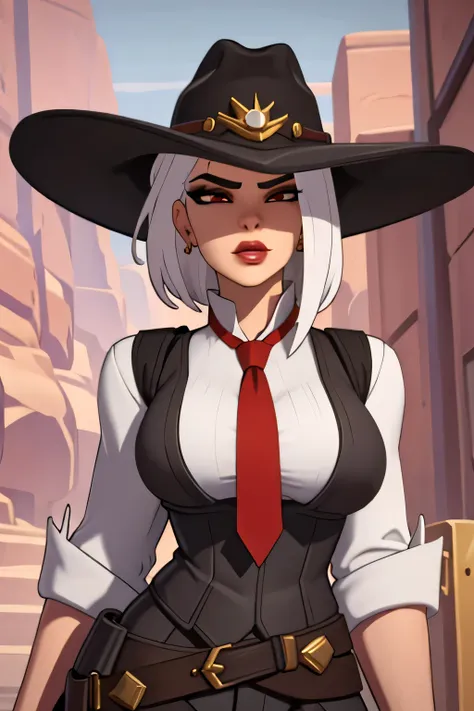 ashe  \(overwatch\), 1girl, solo, mole above mouth, earrings, red eyes, jewelry, cowboy hat, makeup, lipstick, looking at viewer...