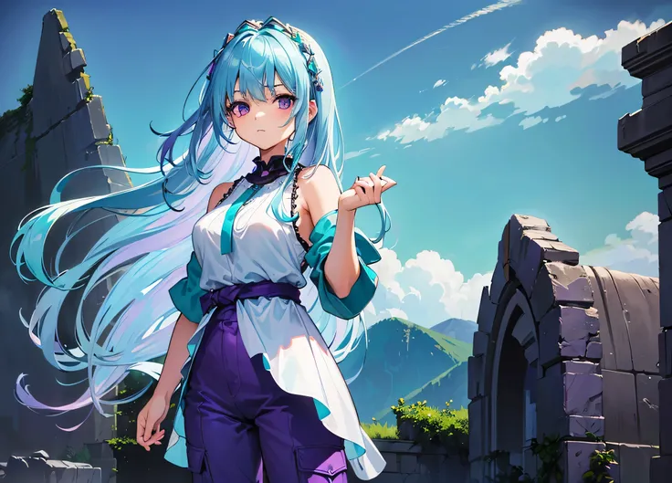 Masterpiece. High-resolution. (1girl) about 20 years old. Pretty beautiful girl. Standing pose. Imposing. Pretty big purple eyes. Delicate face. ((Long light blue hair)). Straight hair. Messy hair. Hair bangs. Hair blowing in the wind. ((Turquoise tunic))....