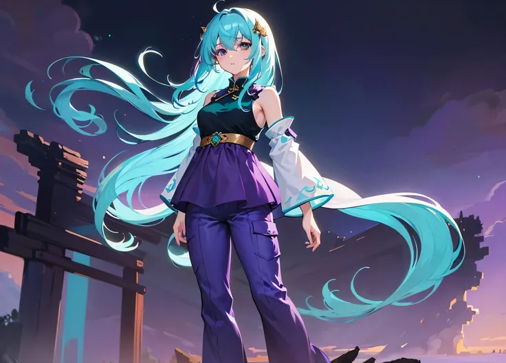 Masterpiece. High-resolution. (1girl) about 20 years old. Pretty beautiful girl. Standing pose. Imposing. Pretty big purple eyes. Delicate face. ((Long light blue hair)). Straight hair. Messy hair. Hair bangs. Hair blowing in the wind. ((Turquoise tunic))....