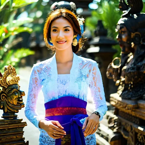 Balinese girl, wearing a white Balinese kebaya, with a shawl wrapped around her waist, Balinese batik cloth, standing near the temple ((best quality)), masterpiece)),(detail), perfect face