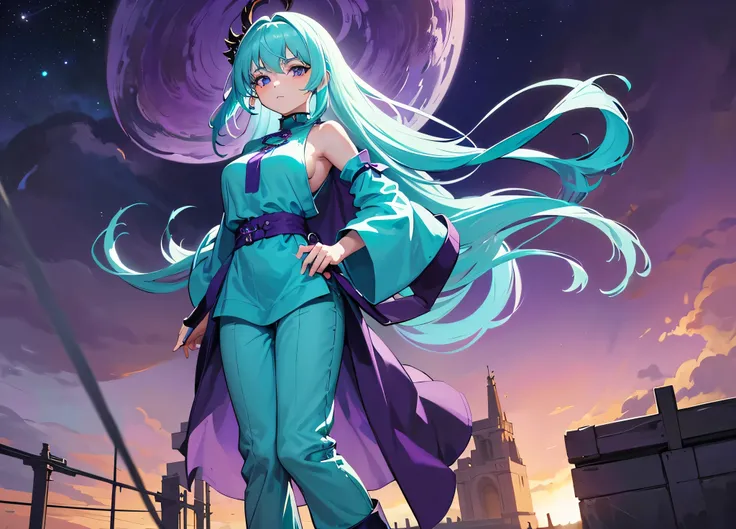 Masterpiece. High-resolution. (1girl) about 20 years old. Pretty beautiful girl. Standing pose. Imposing. Pretty big purple eyes. Delicate face. ((Long light blue hair)). Straight hair. Messy hair. Hair bangs. Hair blowing in the wind. ((Turquoise tunic))....