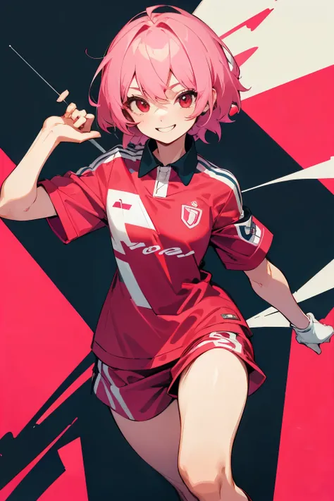 Girl, short pink hair, red eyes, soccer clothes, Soccer medium sized chest, wide smile 