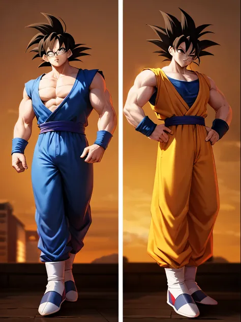 draw a two saiyan brothers as if they were from dragon ball z strong,both  brown haired one that has glasses and with the sayian and full body image and draw them a goku hairstyle and make the image as if they were on a poster for a movie