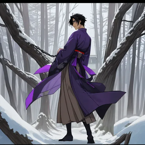 (anime style) (high quality) A Japanese. Male gender. Adult. Black hair is average. With dark blue eyes and almost closed. Wearing a purple and white kimono with a brown sash at the waist. A dark purple mens skirt. With several chains coming out from behin...