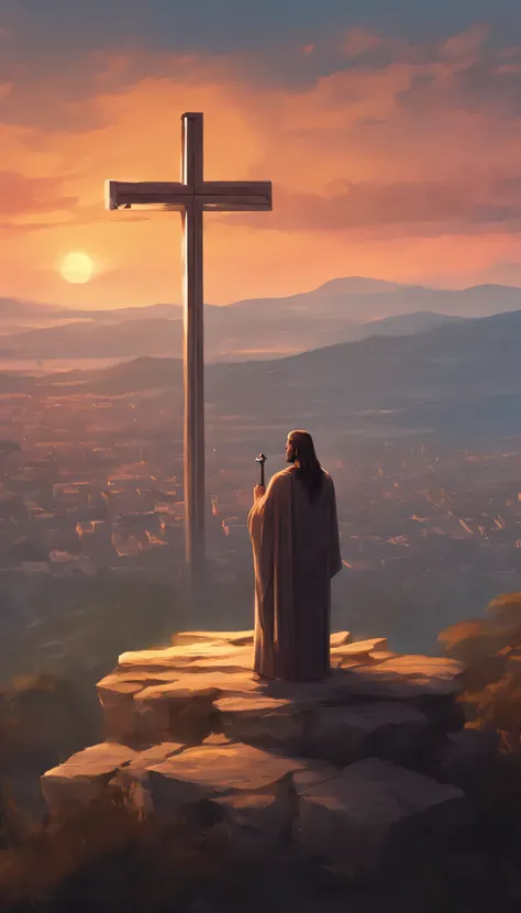 at sunset, Jesus stands atop a cross in a hill, top of mount, overlooking the city，gothic style，realismo ultrarrealista, Best composition, Obras-primas de arte, Vista distante,birds eye vision, beutifull sky