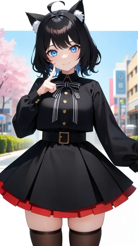 looking at the viewer, 1 girl, smile, Virtual YouTuber、with a girl、((highest quality, expensive_solve, clear_image)),(black hair), (black cat ears), (Ahoge), (ridiculously short hair), (wavy hair), (blue eyes),、Sorry face、very big breasts、