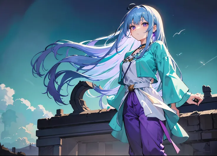 Masterpiece. High-resolution. (1girl) about 20 years old. Pretty beautiful girl. Standing pose. Imposing. Pretty big purple eyes. Delicate face. ((Long light blue hair)). Straight hair. Messy hair. Hair bangs. Hair blowing in the wind. ((Turquoise tunic))....