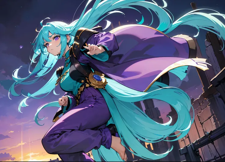 Masterpiece. High-resolution. (1girl) about 20 years old. Pretty beautiful girl. Standing pose. Imposing. Pretty big purple eyes. Delicate face. ((Long light blue hair)). Straight hair. Messy hair. Hair bangs. Hair blowing in the wind. ((Turquoise tunic))....