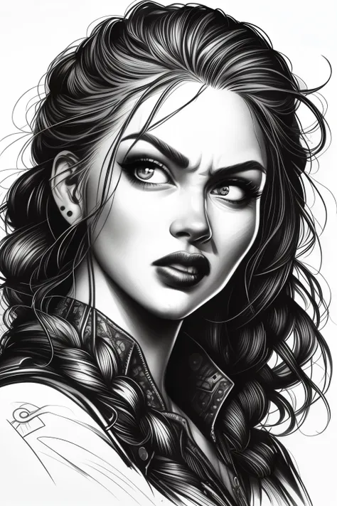 a drawing of a woman with a finger on her lips, epic pencil illustration, epic portrait illustration, por rick naguaro, black an...