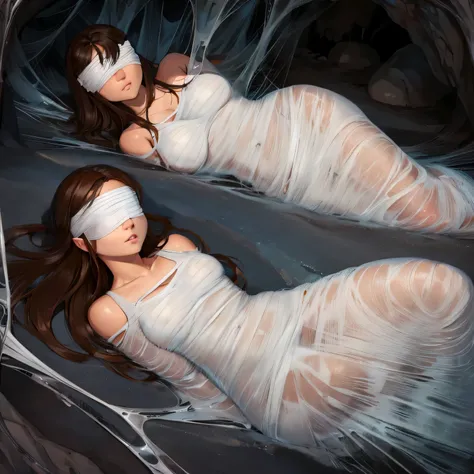 1girl,Spider weaves a net on a girl, very realistic, very detailed,bed,stretched, dark cave, struggle in the net,brown haired, very long sheer skirt,lying down,(blindfold:1.4),