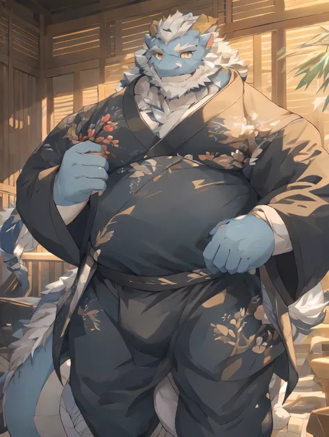 （masterpiece），（Very detailed），（best quality），hairy，，white hair，golden pupil muscle，(((black dragon)))，((Wearing a kimono))，((convex))，(Jump to camera 1.4)，8K，（（high quality）），fat body，（White hair on chest and abdomen），body with black stripes，There is a bul...