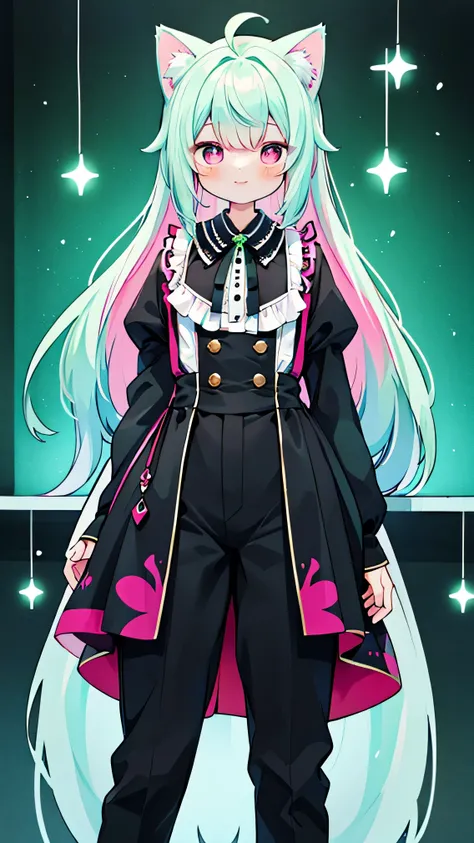 
alone、beautiful young man、Cat ear、hair color with mesh on green hair、high ponytail、ribbon、boyish、smile、pink eyes、long hair、nice、Ahoge、Black Lolita Clothes、pants style、manly、expensive