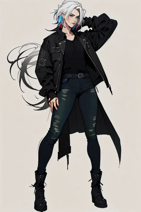 1 girl, Sidecut hair, vi arcane hair, Sidecut hair, teenager, hyper realistic hands, detailed hyper realistic eyes, rock jacket, jeans, black clothing, white hair, light background, full body, long hair, teenager, tribal tattoo, colorful parts, sketchbook,...