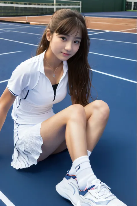 ((Tennis Wear))、(masterpiece、highest quality) 、cute、(Medium chest:1.2)、((20 year old female:1.2))、Young adorable Japan face, ,soft portrait shot,In 8K,、young and cute college girl、(Tennis court:1.5)、Neat and clean lady
