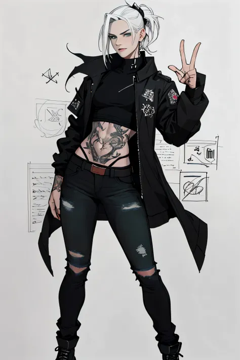 1 girl, Sidecut hair, jinx arcane hair, Sidecut hair, teenager, hyper realistic hands, detailed hyper realistic eyes, rock jacket, jeans, black clothing, white hair, light background, full body, long hair, teenager, tribal tattoo, colorful parts, sketchboo...