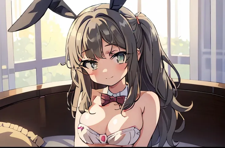 ((muste piece)), ((best quality)), (Super detailed), anime style etc.,peeing on the bed, pretty girl, 1 girl, solo, ((beautiful eyes)), shy smile, small breast, bunny girl00