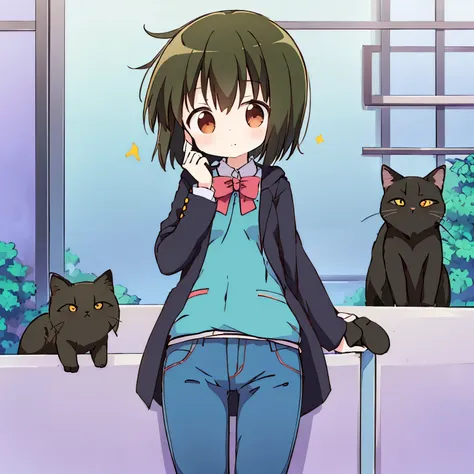 cute girl, black cat standing on her shoulder, cute pose, girl wear green-blue vest,hoodie, jeans pants