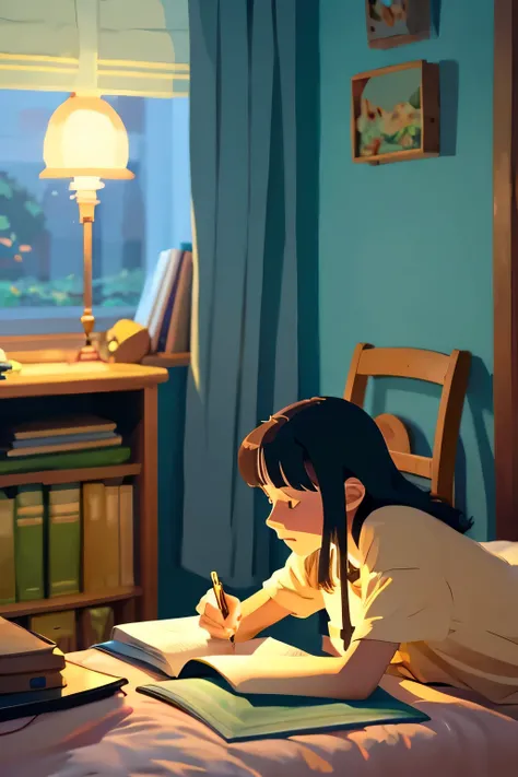 Ghibli animation style, young, pretty woman, good style,, at night, in her room, concentrating on her studies, shorts, ghibli style