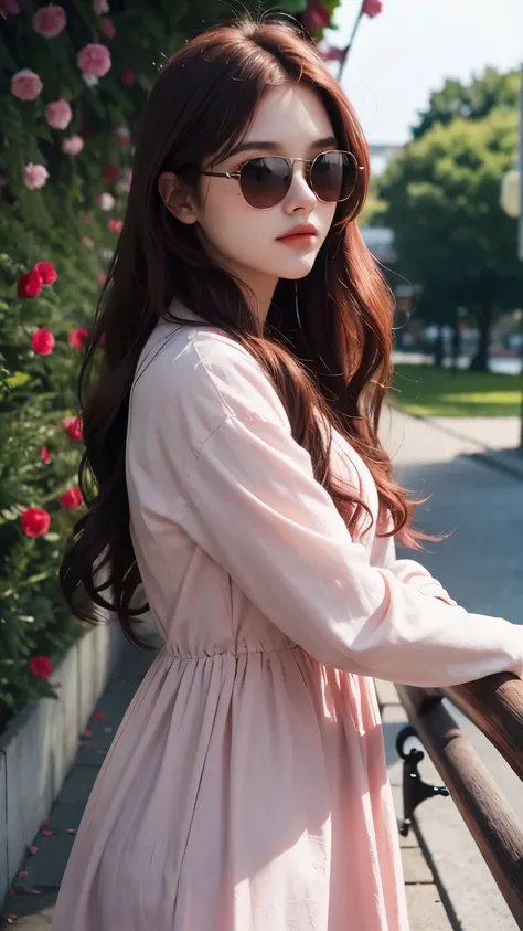 beautiful girl about 17 years old, long wavy brownish red hair, wearing a , cool, dark black sunglasses, surrounded by pink petals, selfie pose, (best quality, high-res, realistic) with vibrant colors and soft lighting, capturing the serene and tranquil at...