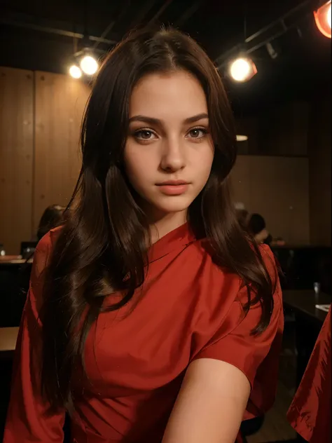 Photo of a 20 year old brunette woman, that  has a very natural face,  thin lips, thin eyes, thin eyebrows, thin nose, long eyelashes. Shes wearing a red dress in a night club with red lights. Showing her full body