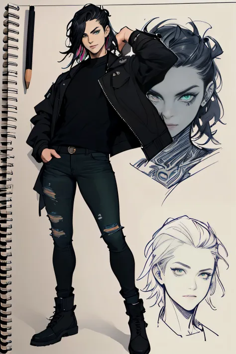 1 girl, Sidecut hair, vi arcane, Sidecut hair, teenager, hyper realistic hands, detailed hyper realistic eyes, rock jacket, jeans, black clothing, black hair, light background, full body, long hair, teenager, tribal tattoo, colorful parts, sketchbook, hand...