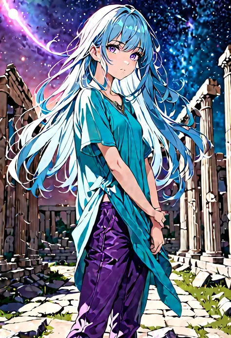 Masterpiece. High-resolution. (1girl) about 20 years old. Pretty beautiful girl. Standing pose. Imposing. Pretty big purple eyes. Delicate face. ((Long light blue hair)). Straight hair. Messy hair. Hair bangs. Hair blowing in the wind. ((Turquoise tunic))....