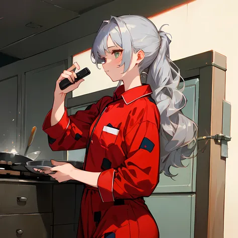 ((best quality)), ((chef-d&#39;ouvrages d&#39;art)), (detailed)) 1 fille debout, long wavy silver hair up&#39;on the shoulders, yeux verts detaileds en forme d&#39;amande, On the phone, dressed in a red pajama jumpsuit with black checks, dans sa chambre ((...