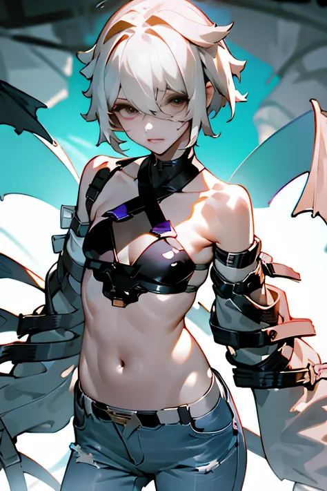 masterpiece、high quality、1 girl、nice、alone、medium breasts、short hair、(hair between eyes)、(00BFFE Pixie cut)、bat wings、Disappointed face、top rescyclo bikini、cropped flare jeans、leather blazer)