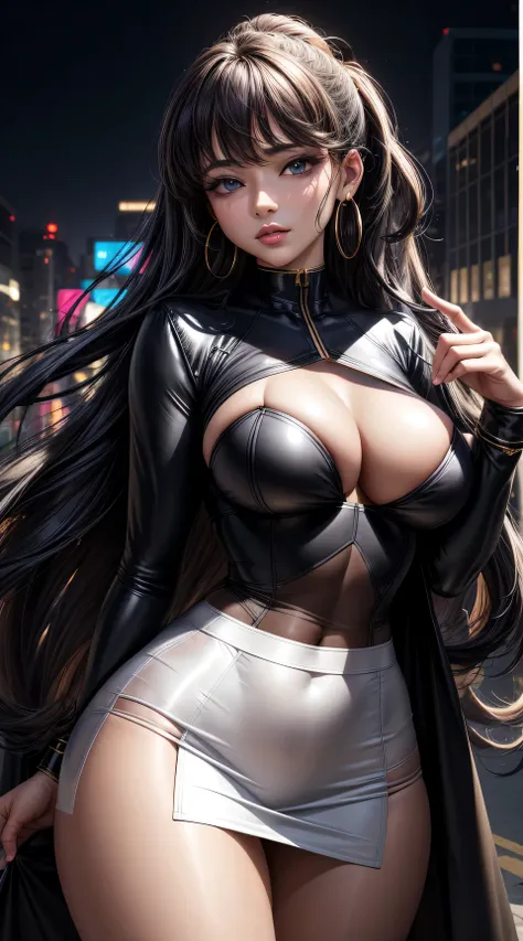 (best quality:1.5, highres, UHD, 4K, detailed lighting, shaders), ( high quality eyes), ( high quality fingers), gray curly haired, gradient hair, big breasts, big butt,  big thighs, black suit, white shirt, social shirt, white short skirt, mature woman , ...