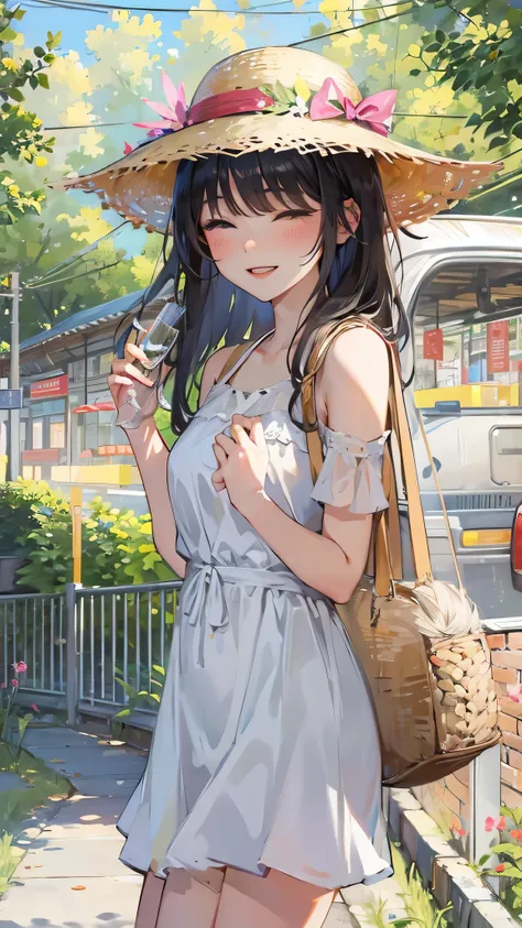 perfect anatomy, masterpiece:1.4, best quality, 8k, beautiful detailed grow, daydreaming expression, in summer, standing solo:1.3 ((blunt bangs)) (black hair long hair immensely cute girl 14 yo, closed sexy eyes, lovely smile), break, in a white One-piece ...