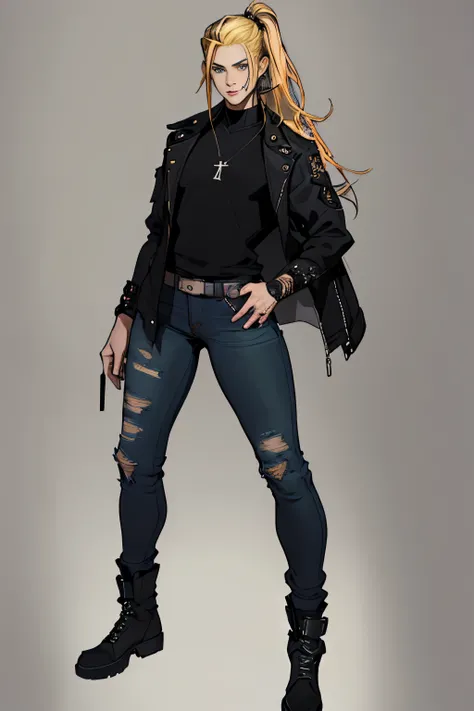 1 girl, Sidecut hair, jinx arcane, Sidecut hair, teenager, hyper realistic hands, detailed hyper realistic eyes, rock jacket, jeans, black clothing, blond hair, light background, full body, long hair, teenager, tribal tattoo, colorful parts, sketchbook, ha...