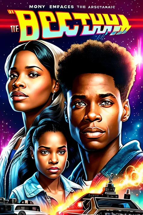 An exquisitely crafted movie poster inspired by "Back to the Future" featuring black protagonists in the spotlight, with no white characters in sight. The artwork captures the essence of the iconic film, showcasing the main characters against a dynamic bac...