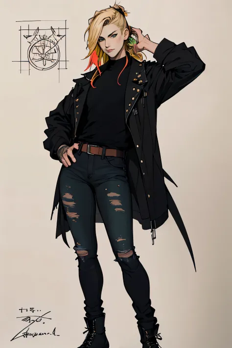 1 girl, Sidecut hair, vi arcane, Sidecut hair, teenager, hyper realistic hands, detailed hyper realistic eyes, rock jacket, jeans, black clothing, blond hair, light background, full body, long hair, teenager, tribal tattoo, colorful parts, sketchbook, hand...