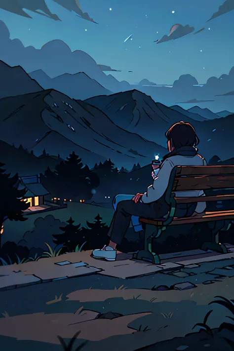 there is a person sitting on bench looking at the mountains, Still in the music video, A pensive loneliness, Feeling sad, lonely and soft, sad and lonely, still a boring movie, loneliness, sitting on bench, Lonely and sad, sitting in the graveyard at night...