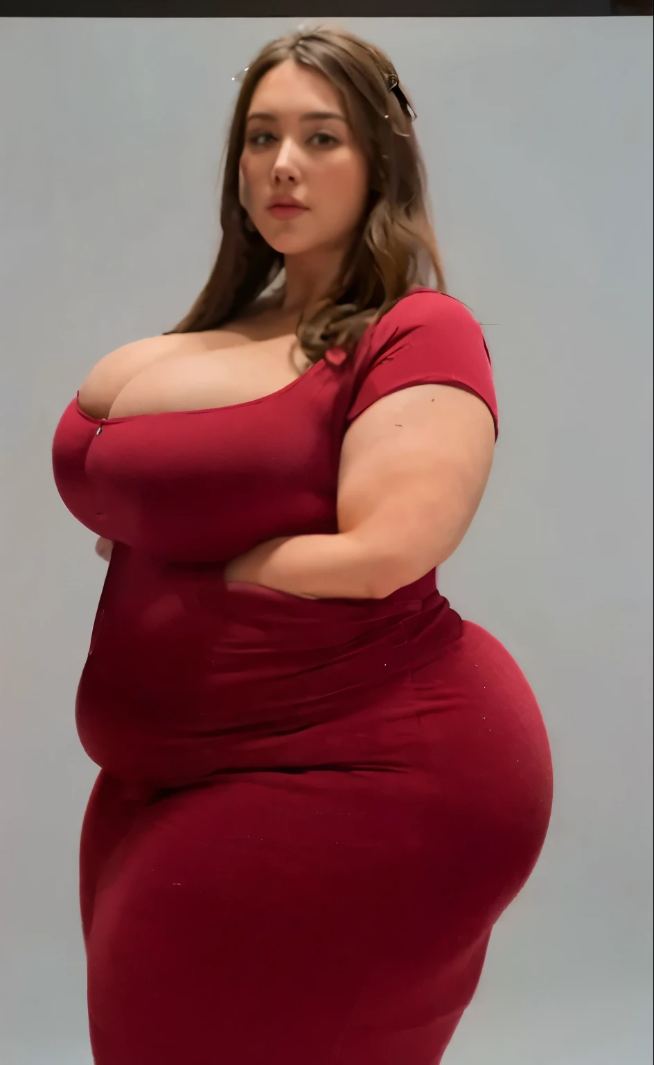 Upscale ,Realistic , hypeRealistic, ultra Realistic, add details , (masterpiece:1.2),
 (best quality:1.2), hyper realistic, highestres, absurdres,
 extremely detailed,bursting out of clothes, large breasts, large belly,
 chubby (best quality, masterpiece) ...